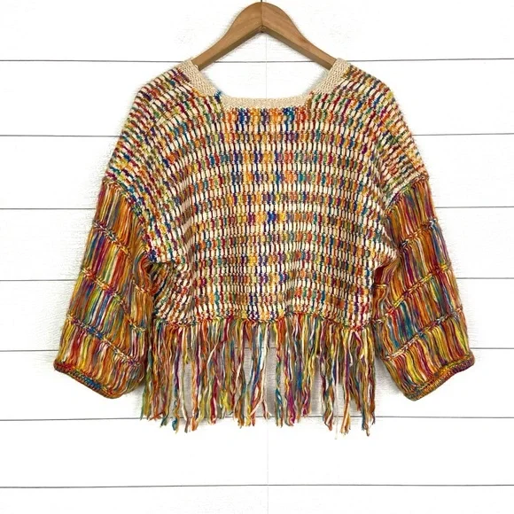 ETWO Rainbow Cropped Sweater Colorful Fringe Medium Large Boho - Picture 2 of 4